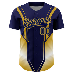 Custom Navy Old Gold 3D Pattern Design Side Stripes Authentic Baseball Jersey