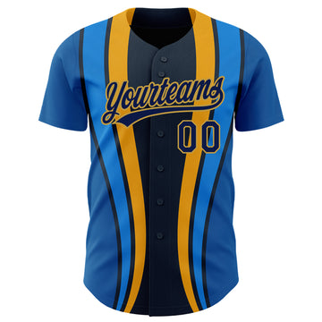 Custom Royal Navy-Old Gold 3D Pattern Design Side Stripes Authentic Baseball Jersey