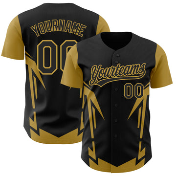 Custom Black Old Gold 3D Pattern Design Side Sharp Edges Authentic Baseball Jersey