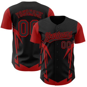 Custom Black Red 3D Pattern Design Side Sharp Edges Authentic Baseball Jersey