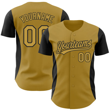 Custom Old Gold Black 3D Pattern Design Side Stripes Authentic Baseball Jersey