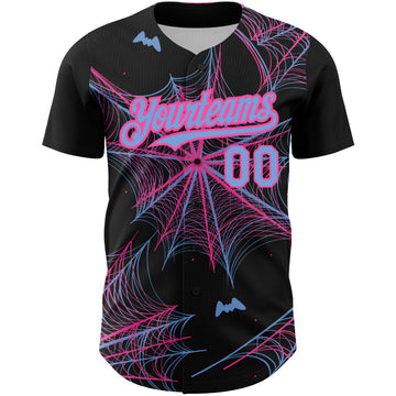 Custom Black Light Blue-Pink 3D Pattern Design Spider Web Authentic Baseball Jersey