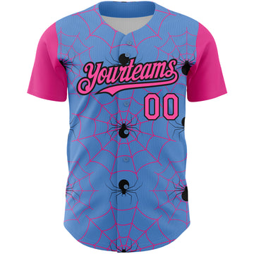 Custom Light Blue Pink-Black 3D Pattern Design Spider Web Authentic Baseball Jersey