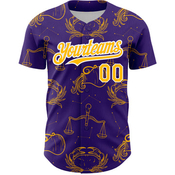 Custom Purple Gold-White 3D Pattern Design Zodiac Authentic Baseball Jersey