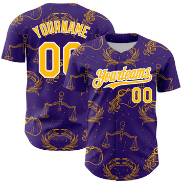 Custom Purple Gold-White 3D Pattern Design Zodiac Authentic Baseball Jersey