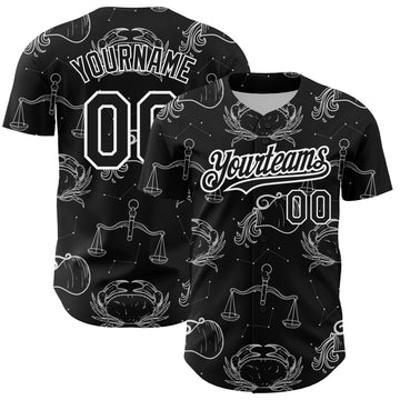 Custom Black White 3D Pattern Design Zodiac Authentic Baseball Jersey