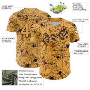 Custom Gold Black 3D Pattern Design Spider Web Authentic Baseball Jersey