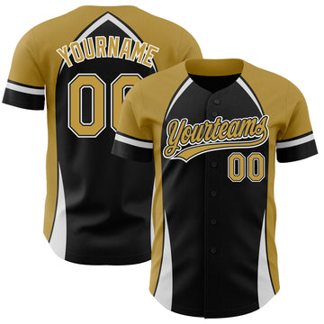 Custom Black Old Gold-White 3D Pattern Design Curve Solid Authentic Baseball Jersey