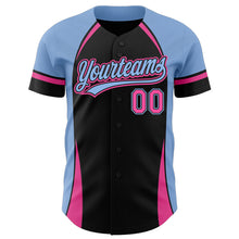 Load image into Gallery viewer, Custom Black Pink-Light Blue 3D Pattern Design Curve Solid Authentic Baseball Jersey
