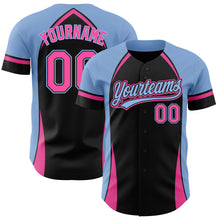 Load image into Gallery viewer, Custom Black Pink-Light Blue 3D Pattern Design Curve Solid Authentic Baseball Jersey
