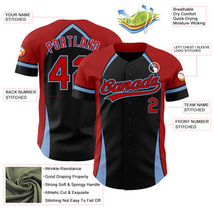 Custom Black Red-Light Blue 3D Pattern Design Curve Solid Authentic Baseball Jersey