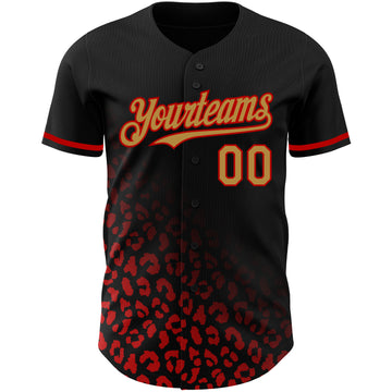 Custom Black Old Gold-Red 3D Pattern Design Leopard Print Fade Fashion Authentic Baseball Jersey