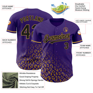 Custom Purple Black-Old Gold 3D Pattern Design Leopard Print Fade Fashion Authentic Baseball Jersey