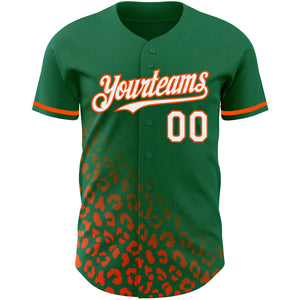 Custom Kelly Green White-Orange 3D Pattern Design Leopard Print Fade Fashion Authentic Baseball Jersey