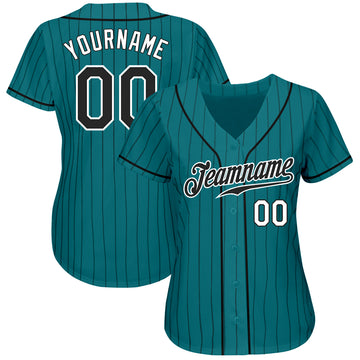 Custom Teal Black Pinstripe Black-White Authentic Baseball Jersey