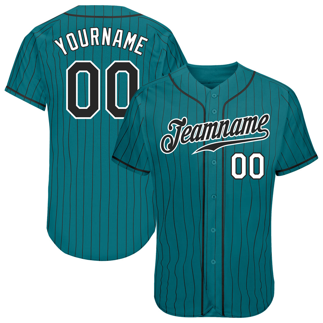 Custom Teal Black Pinstripe Black-White Authentic Baseball Jersey