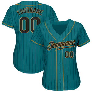 Custom Teal Black Pinstripe Black-Old Gold Authentic Baseball Jersey