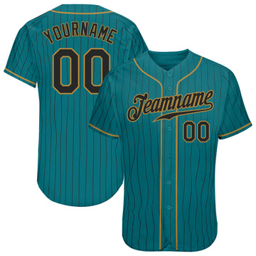 Custom Teal Black Pinstripe Black-Old Gold Authentic Baseball Jersey