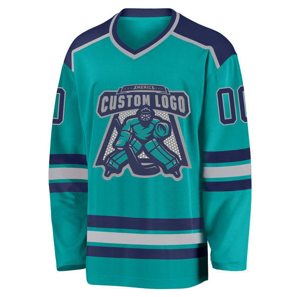 Cheap Custom Aqua Navy-Gray Hockey Jersey Free Shipping