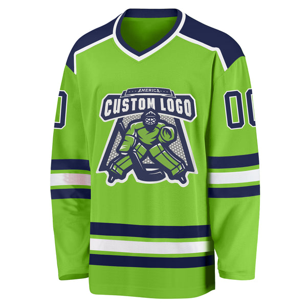 Cheap Custom Blue White-Neon Green Hockey Jersey Free Shipping