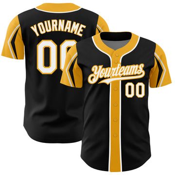 Custom Black White-Gold 3 Colors Arm Shapes Authentic Baseball Jersey