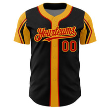 Load image into Gallery viewer, Custom Black Red-Gold 3 Colors Arm Shapes Authentic Baseball Jersey
