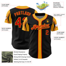 Load image into Gallery viewer, Custom Black Red-Gold 3 Colors Arm Shapes Authentic Baseball Jersey
