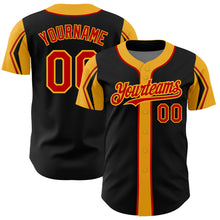 Load image into Gallery viewer, Custom Black Red-Gold 3 Colors Arm Shapes Authentic Baseball Jersey
