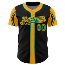 Load image into Gallery viewer, Custom Black Kelly Green-Gold 3 Colors Arm Shapes Authentic Baseball Jersey
