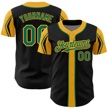 Load image into Gallery viewer, Custom Black Kelly Green-Gold 3 Colors Arm Shapes Authentic Baseball Jersey
