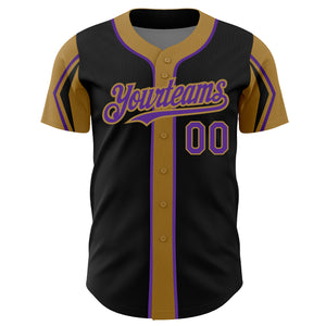 Custom Black Purple-Old Gold 3 Colors Arm Shapes Authentic Baseball Jersey