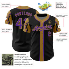 Загрузить изображение в средство просмотра галереи, Custom Black Purple-Old Gold 3 Colors Arm Shapes Authentic Baseball Jersey
