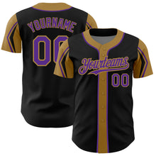 Загрузить изображение в средство просмотра галереи, Custom Black Purple-Old Gold 3 Colors Arm Shapes Authentic Baseball Jersey
