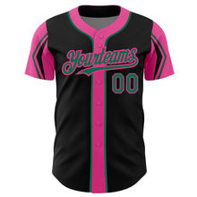 Load image into Gallery viewer, Custom Black Kelly Green-Pink 3 Colors Arm Shapes Authentic Baseball Jersey
