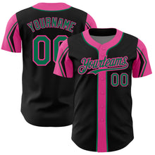 Load image into Gallery viewer, Custom Black Kelly Green-Pink 3 Colors Arm Shapes Authentic Baseball Jersey
