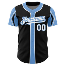 Загрузить изображение в средство просмотра галереи, Custom Black White-Light Blue 3 Colors Arm Shapes Authentic Baseball Jersey
