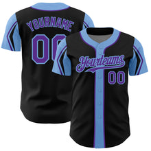 Загрузить изображение в средство просмотра галереи, Custom Black Purple-Light Blue 3 Colors Arm Shapes Authentic Baseball Jersey
