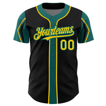 Load image into Gallery viewer, Custom Black Yellow-Teal 3 Colors Arm Shapes Authentic Baseball Jersey
