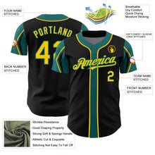 Load image into Gallery viewer, Custom Black Yellow-Teal 3 Colors Arm Shapes Authentic Baseball Jersey
