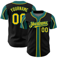 Load image into Gallery viewer, Custom Black Yellow-Teal 3 Colors Arm Shapes Authentic Baseball Jersey
