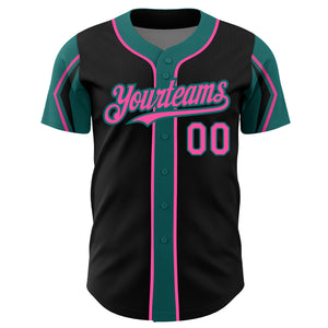 Custom Black Pink-Teal 3 Colors Arm Shapes Authentic Baseball Jersey