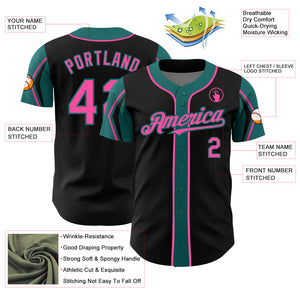 Custom Black Pink-Teal 3 Colors Arm Shapes Authentic Baseball Jersey