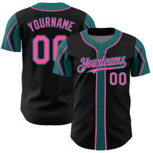 Загрузить изображение в средство просмотра галереи, Custom Black Pink-Teal 3 Colors Arm Shapes Authentic Baseball Jersey
