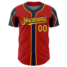 Laden Sie das Bild in den Galerie-Viewer, Custom Red Gold-Navy 3 Colors Arm Shapes Authentic Baseball Jersey
