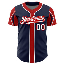 Load image into Gallery viewer, Custom Navy White-Red 3 Colors Arm Shapes Authentic Baseball Jersey
