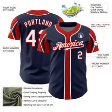 Load image into Gallery viewer, Custom Navy White-Red 3 Colors Arm Shapes Authentic Baseball Jersey
