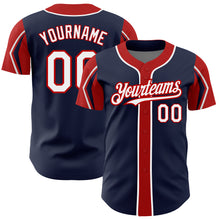 Load image into Gallery viewer, Custom Navy White-Red 3 Colors Arm Shapes Authentic Baseball Jersey
