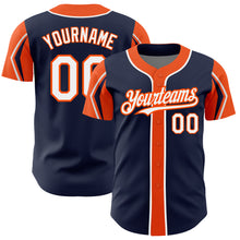 Load image into Gallery viewer, Custom Navy White-Orange 3 Colors Arm Shapes Authentic Baseball Jersey
