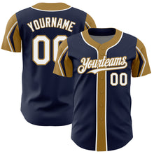 Load image into Gallery viewer, Custom Navy White-Old Gold 3 Colors Arm Shapes Authentic Baseball Jersey
