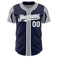 Charger l&#39;image dans la galerie, Custom Navy White-Gray 3 Colors Arm Shapes Authentic Baseball Jersey
